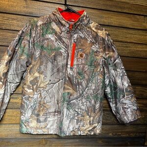 Carhartt Woodland Camo Jacket with Bright Orange Lining